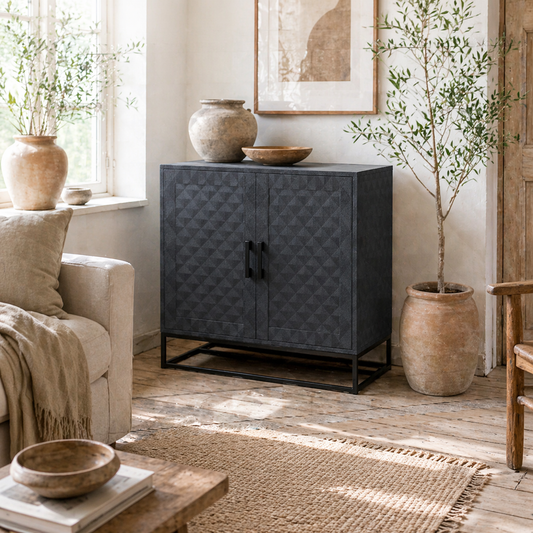 Nelima Black Freestanding Retro Sideboard With Double Doors Geometric Pattern