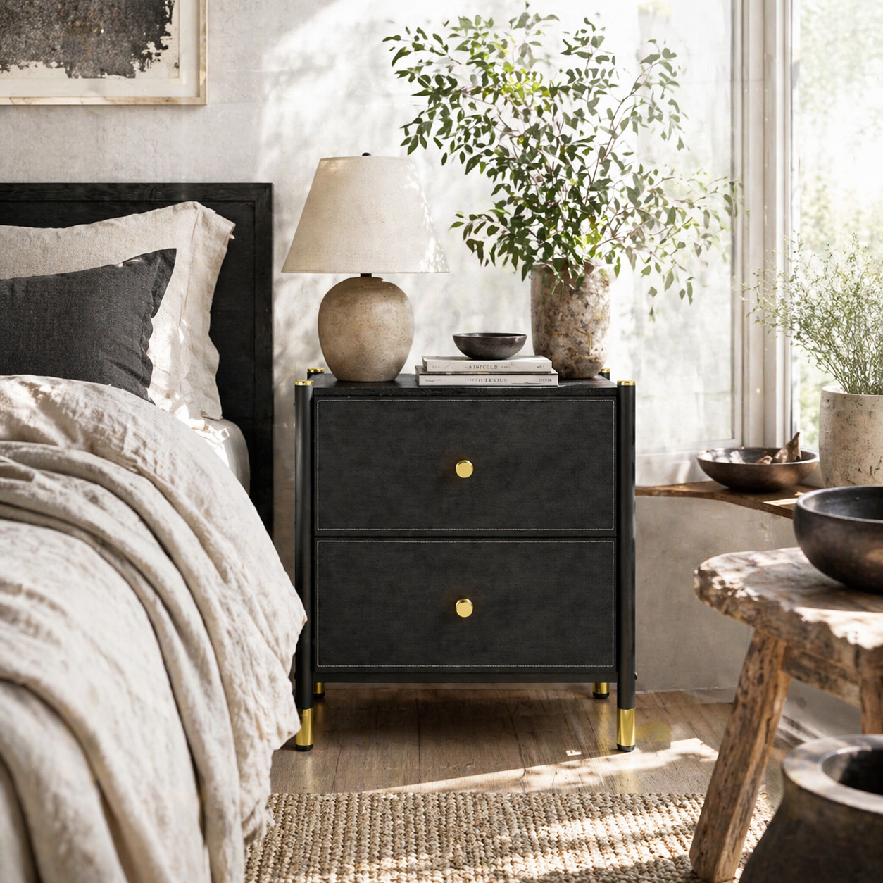 Rakaba Black Faux Leather Upholstered Bedside Table With Gold Accents