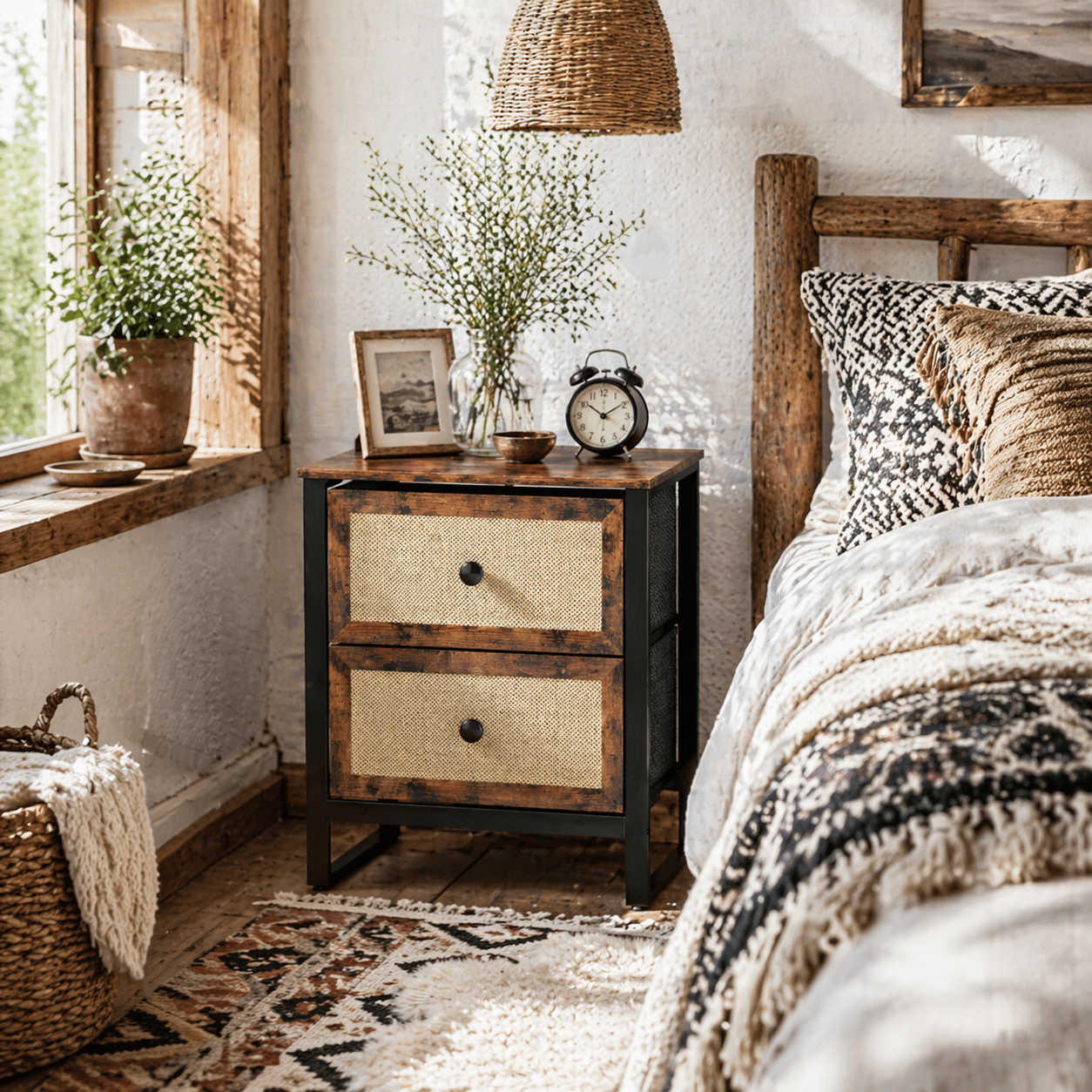 Mata Coyo Brown Industrial Bedside Table Wicker 2 Drawers
