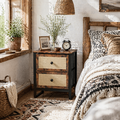 Mata Coyo Brown Industrial Bedside Table Wicker 2 Drawers