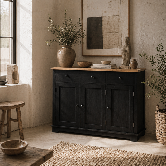 Tohave Black Wood Sideboard Natural Top 3 Doors 3 Drawers 3 Shelves
