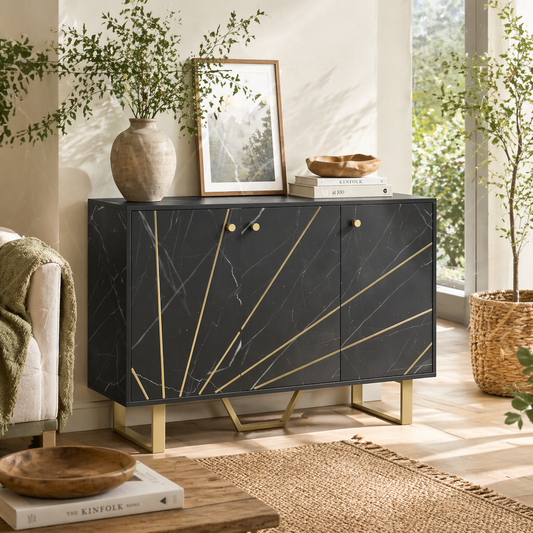 Suno Black Marble Effect Sideboard Golden Metal Legs 3 Doors