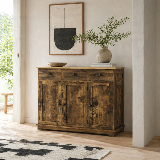 Vesudo Rustic Brown Sideboard With 3 Doors 3 Drawers 2 Shelves