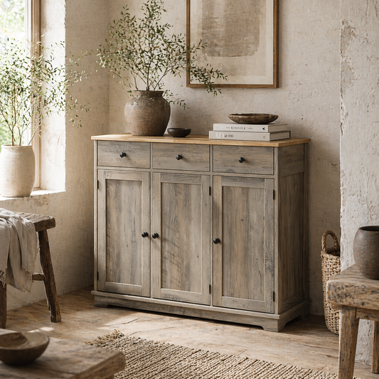Lurafi Grey Wood Sideboard With Natural Top 3 Doors 3 Drawers 3 Shelves