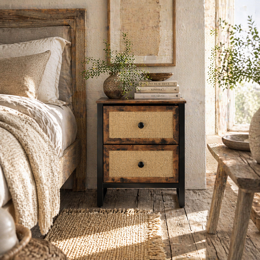 Mata Coyo Brown Industrial Bedside Table Wicker 2 Drawers