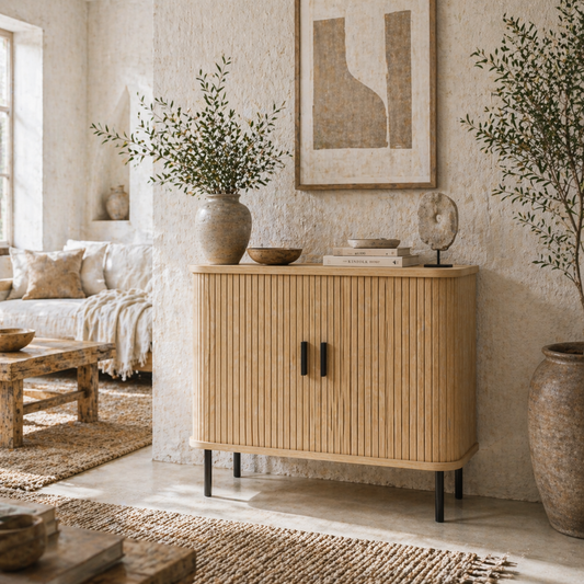Ronoke Natural Oak Effect Mid Century Sideboard Slatted Sliding Doors Black Metal Legs