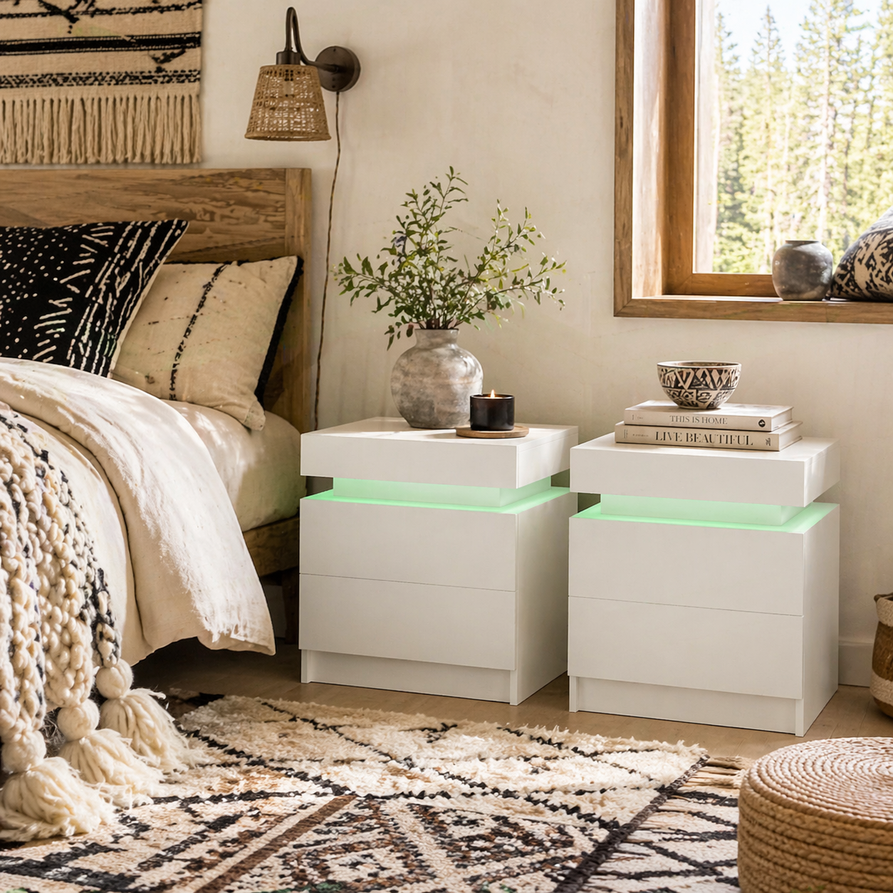 Nisu High Gloss White Set Of 2 Bedside Tables With LED Lighting and Storage Drawers