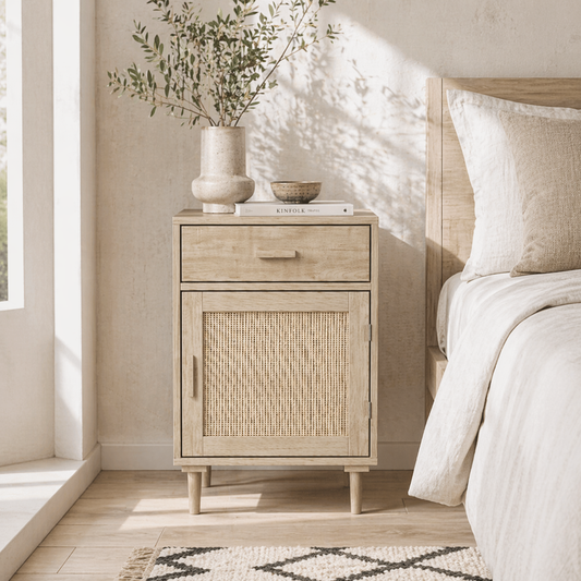 Basose Natural Wood Effect Rattan Bedside Table With Drawer And Door