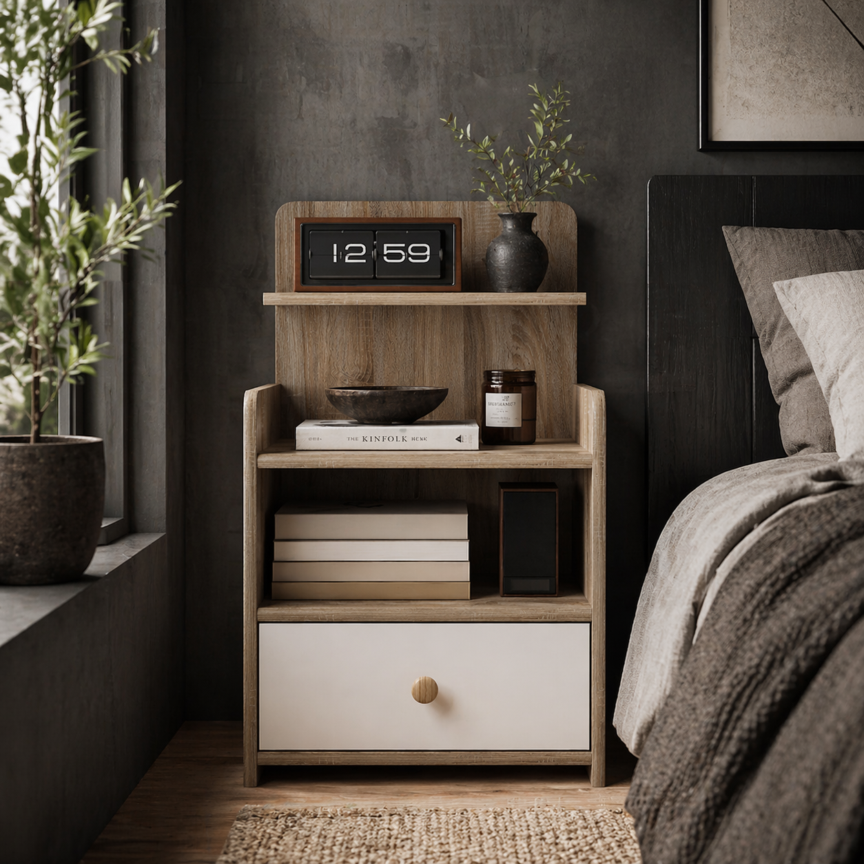 Tahadi White And Wood Effect Multi Storage Bedside Table
