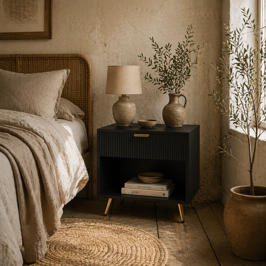 Hana Bano Black And Gold Tone Elegant Bedside Table With Ribbed Drawer And Shelf