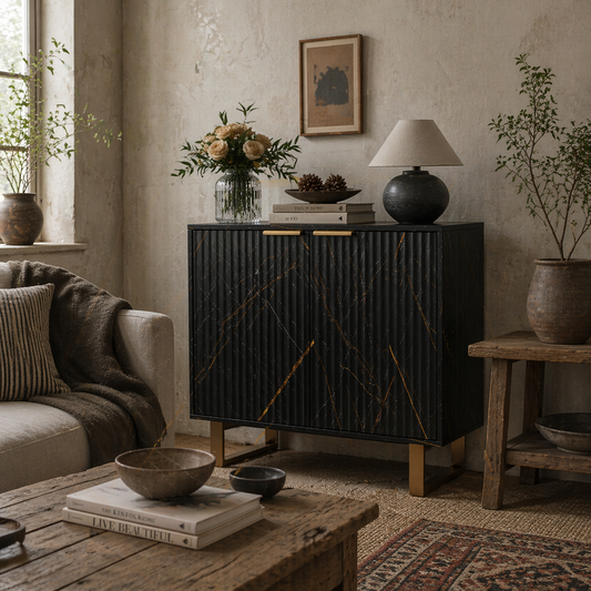 Nomi Black And Gold Elegant Sideboard With Ribbed Finish