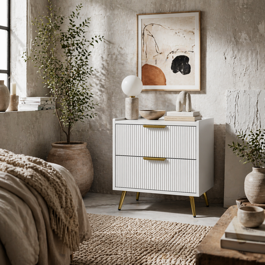 Yoha White and Gold Ribbed 2 Drawer Bedside Table