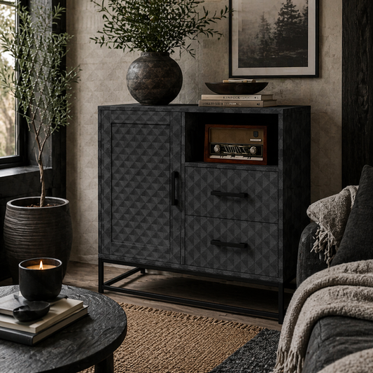 Zimaka Black Retro Sideboard With Open Compartment 2 Drawers 1 Door