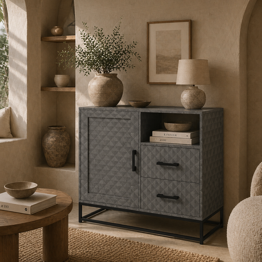 Harofi Grey Retro Sideboard With Openn Compartment 2 Drawers 1 Door