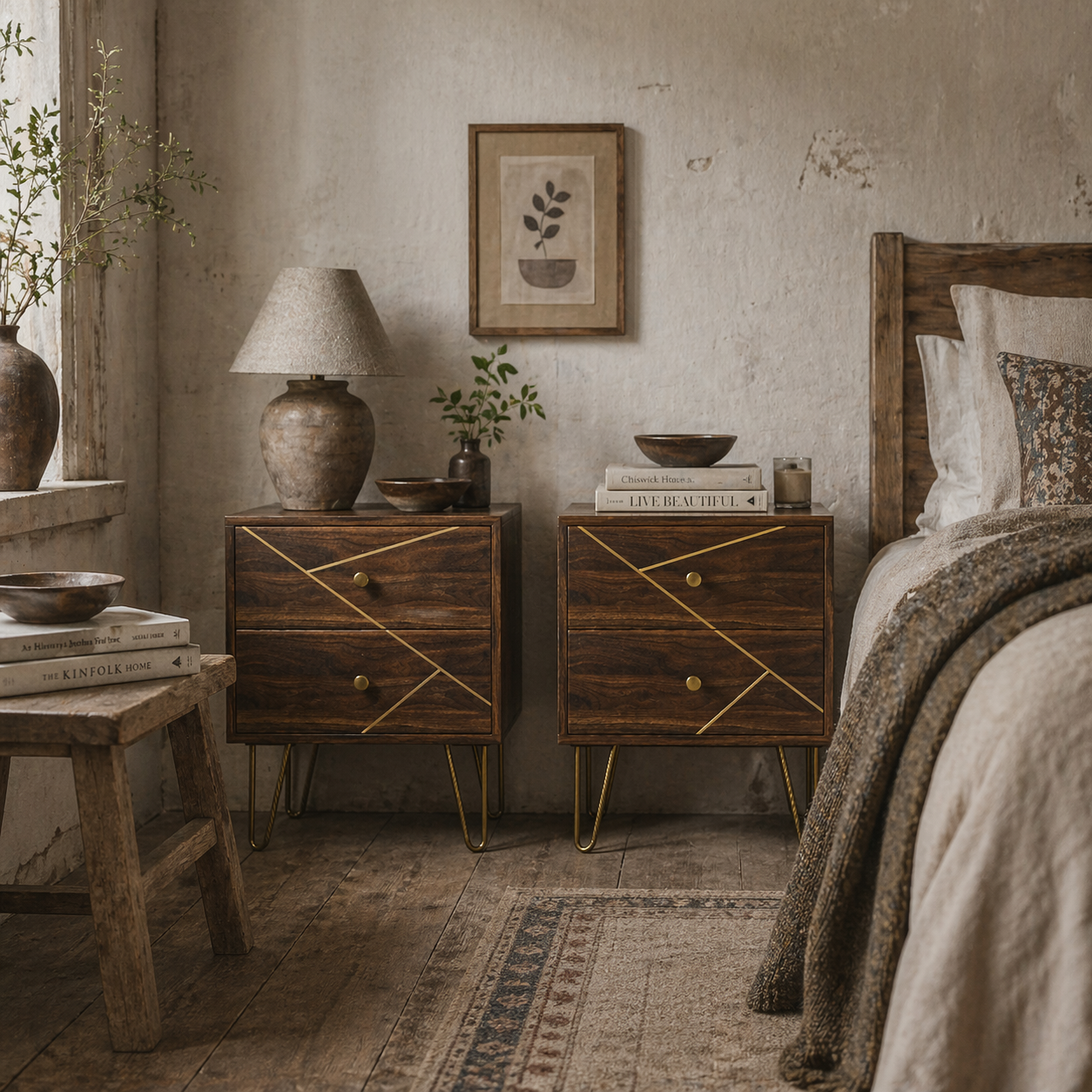 Vasare Soel Set Of 2 Gold and Brown Wood Grain Bedside Tables 2 Drawers Hairpin Legs
