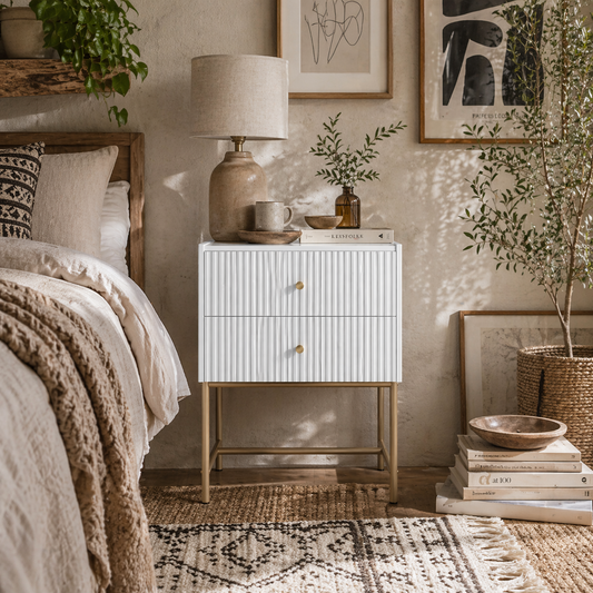 Lelu Rata White and Gold Elegant 2 Drawer Ribbed Bedside Table