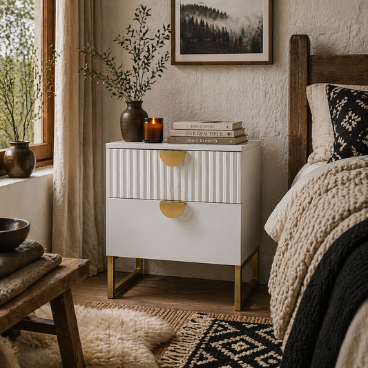 Coelta Loni White and Gold Elegant 2 Drawer Bedside Table Ribbed Pattern