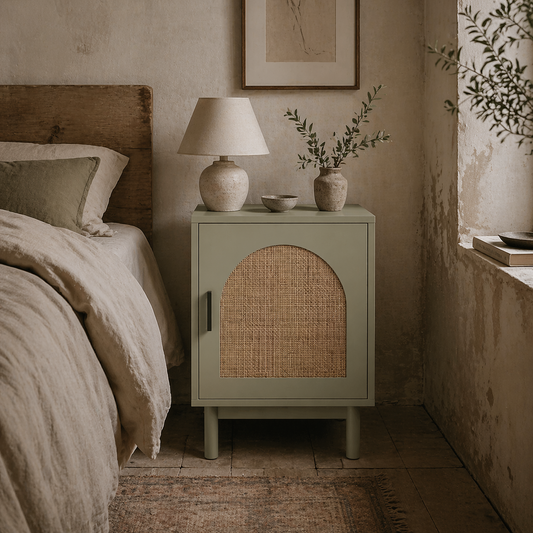 Yotomo Sake Light Green Rattan Bedside Table With Natural Woven Detail