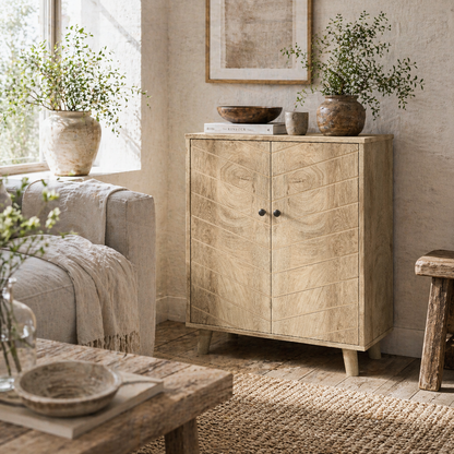 Elka Dive Natural Wood Chevron Sideboard 2 Doors Angled Legs