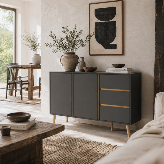 Sola Vela Dark Grey Sideboard Double Doors 3 Drawers And Shelves