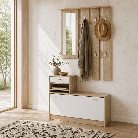 Haelna Natural Wood And White 3 In One Hallway Storage Set