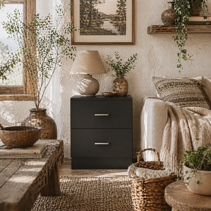 Rapa Raka Black Modern Bedside Table With 2 Drawer Storage