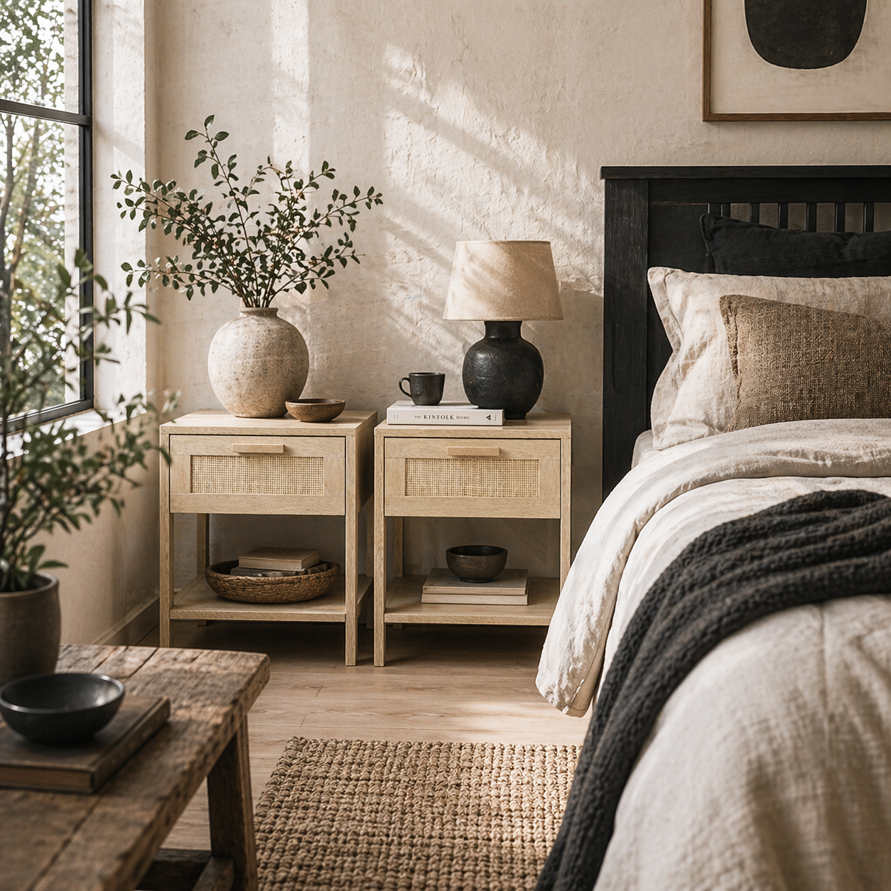 Dilamo Set Of 2 Farmhouse Bedside Tables With Rattan Drawer And Open Shelf