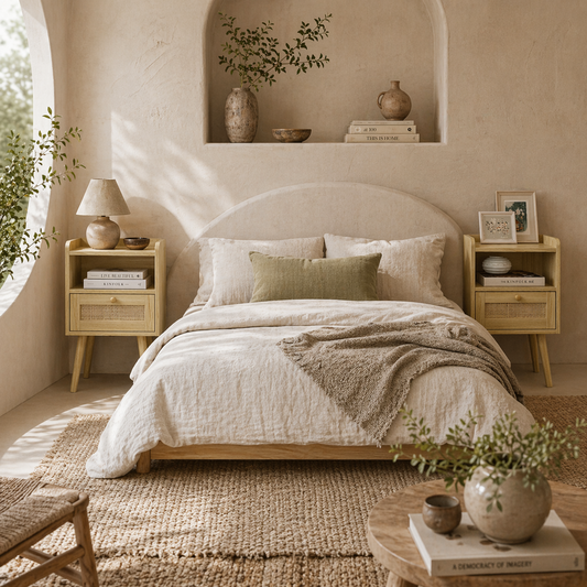 Fira Set Of 2 Wood Effect Rattan Weave Bedside Tables