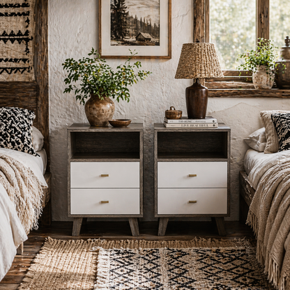 Cosana Grey and White Scandinavian Bedside Table With Drawers And Open Shelf