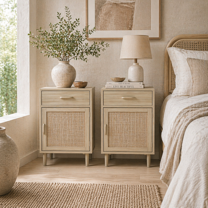 Dora Codo Set Of 2 Natural Wood Effect Rattan Bedside Tables With Drawer and Door