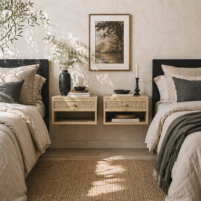 Tovelu Set Of 2 Wood Effect Floating Bedside Tables With Rattan Panels