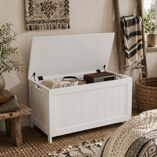 Halumo White Wooden Panelled Blanket Storage Chest