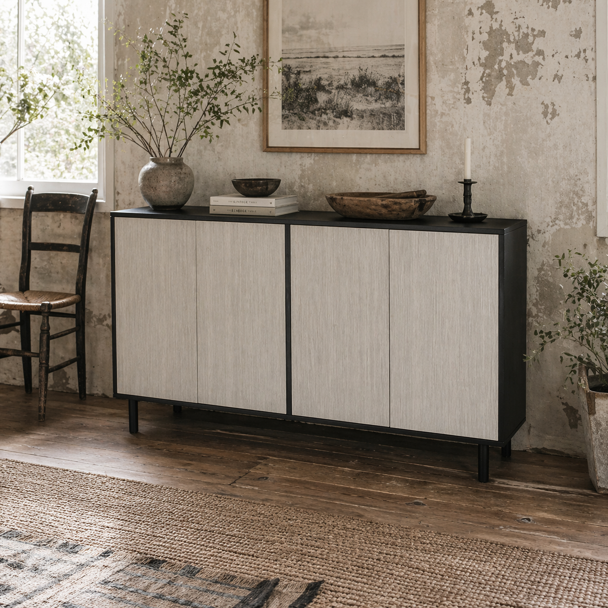 Vepamo Neutral Black and Grey Sideboard 4 Doors 2 Shelves