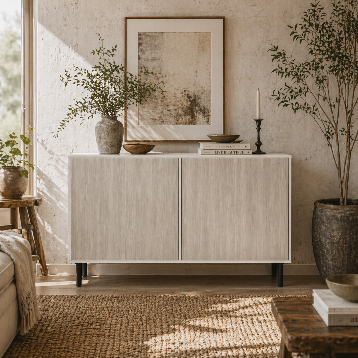 Sosule White and Grey Sideboard With 4 Doors and 2 Shelves