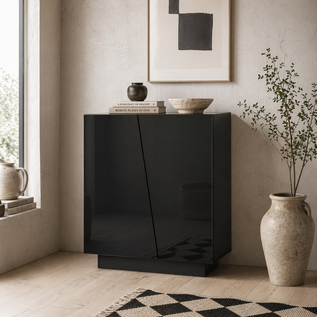 Ranifa Modern High Gloss Black Freestanding Storage Cabinet 2 Doors