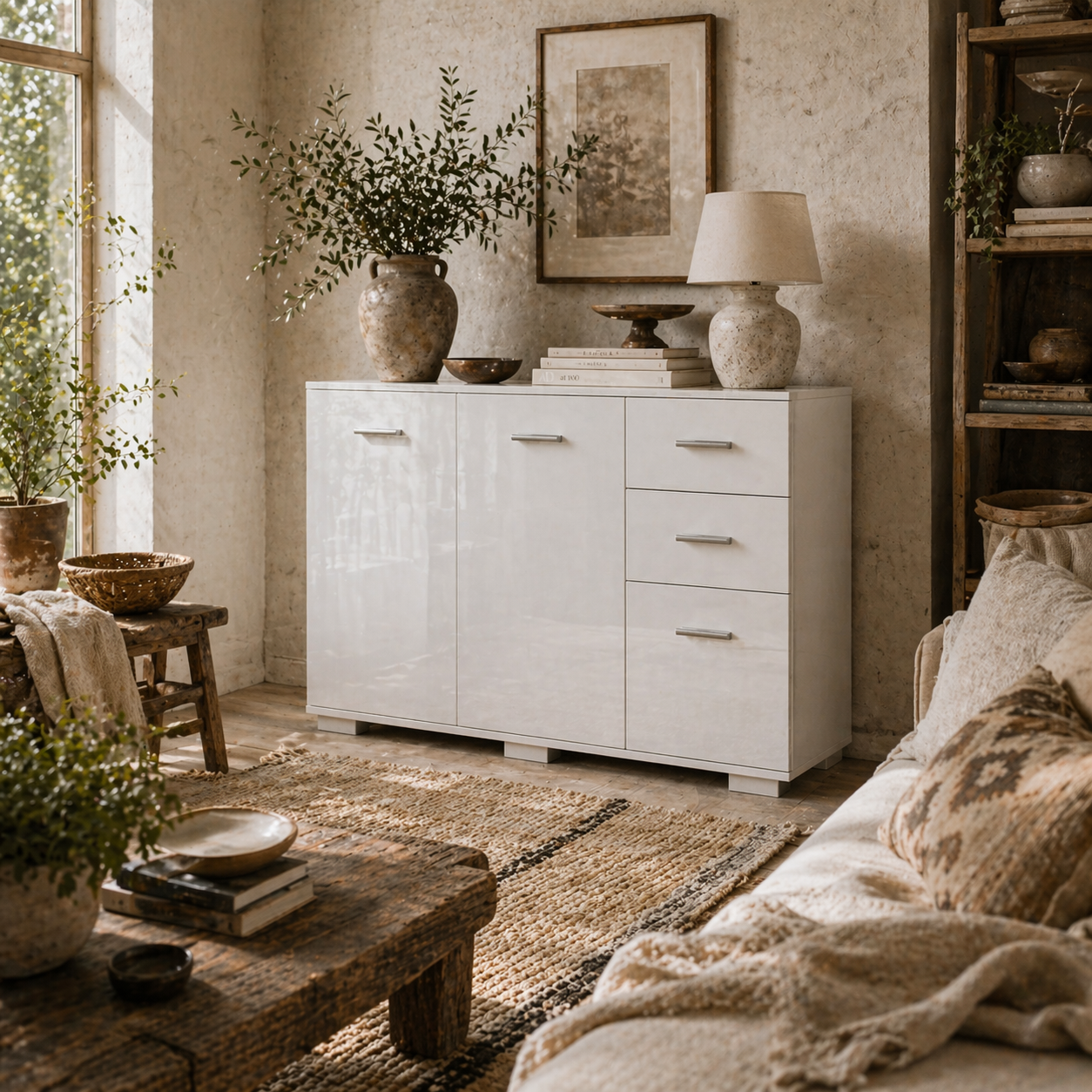 Bami High Gloss White Sideboard 2 Drawers 3 Doors