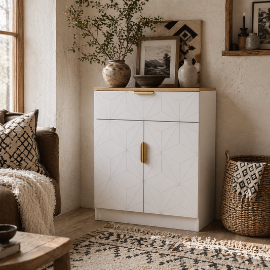 Rilosa White Geometric Modern Sideboard Natural Top With Storage Drawer and 2 Doors