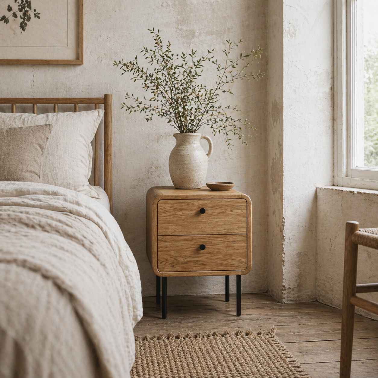 Fafile Lesu Oak Finish Wooden Bedside Table With 2 Drawers And Black Steel Legs
