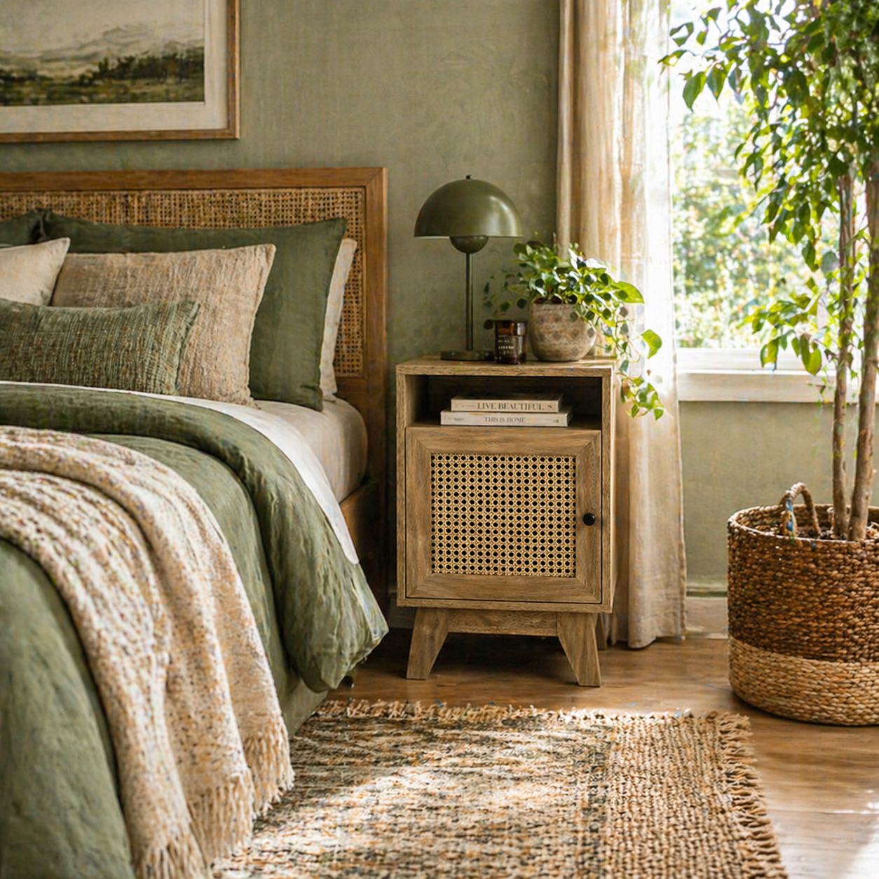 Vini Raba Natural Wood Bedside Table With Rattan Drawer and Door