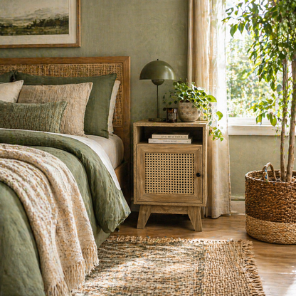 Vini Raba Natural Wood Bedside Table With Rattan Drawer and Door