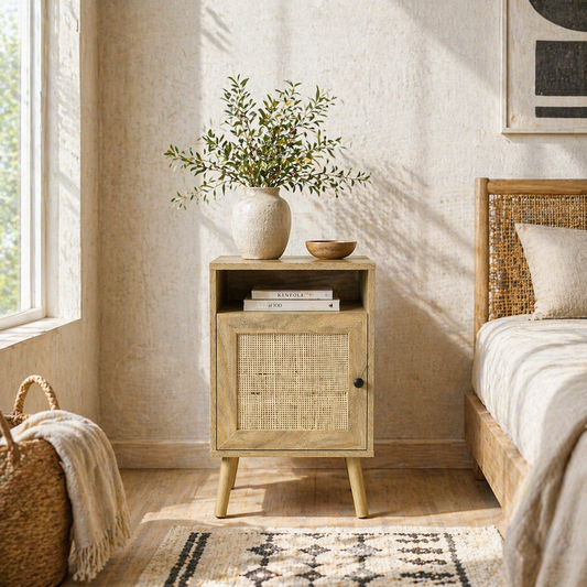 Nepale Natural Wooden Rattan Bedside Table With Drawer And Shelf