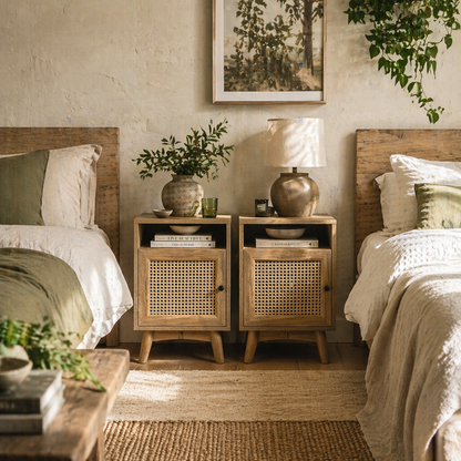 Fiha Set Of 2 Natural Wooden Bedside Tables With Rattan Door And Top Shelf