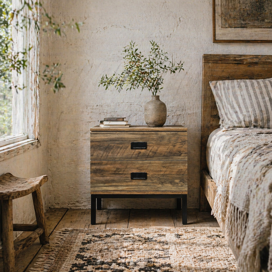 Virado Coffee Brown Retro Bedside Table With 2 Drawers And Black Metal Legs