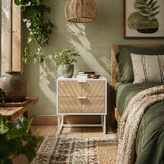 Loni White And Natural Wood Bedside Table 2 Drawers White Handles