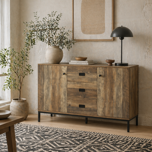 Mango Retro Wood Effect Modern Sideboard 3 Drawers 2 Doors