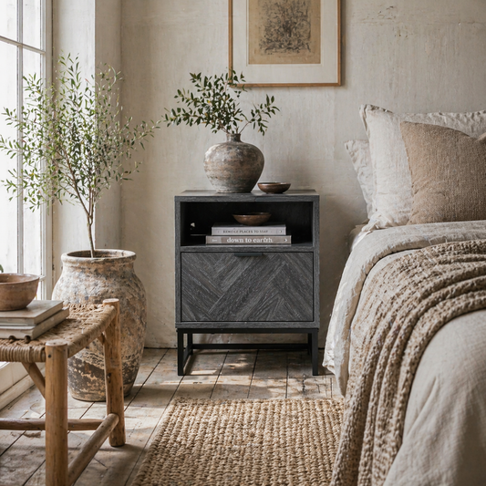 Fari Dark Grey Bedside Table With Drawer And Shelf Storage And Steel Legs