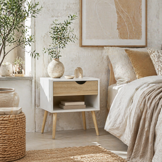 Basuve White Modern Bedside Table With Natural Wood Drawer And Shelf