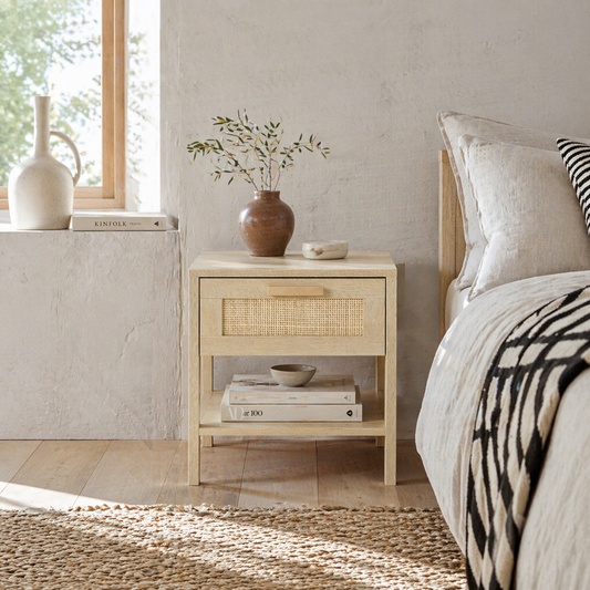 Tafa Natural Wood Bedside Table With Rattan Drawer And Open Storage Shelf
