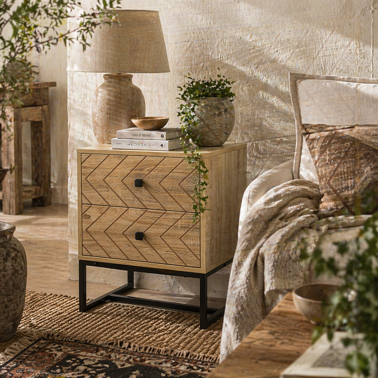 Nema Diso Natural Wood 2 Drawer Nightstand With Zig Zag Chevron Design Black Handles