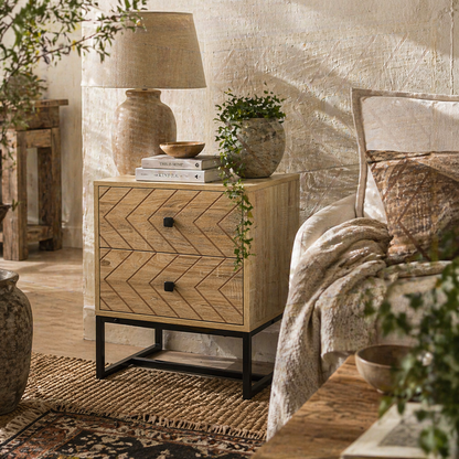 Nema Diso Natural Wood 2 Drawer Nightstand With Zig Zag Chevron Design Black Handles